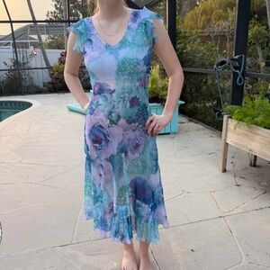 Komarov Floral Pleated Crinkle Chiffon Midi Dress - Blue & Purple - Small